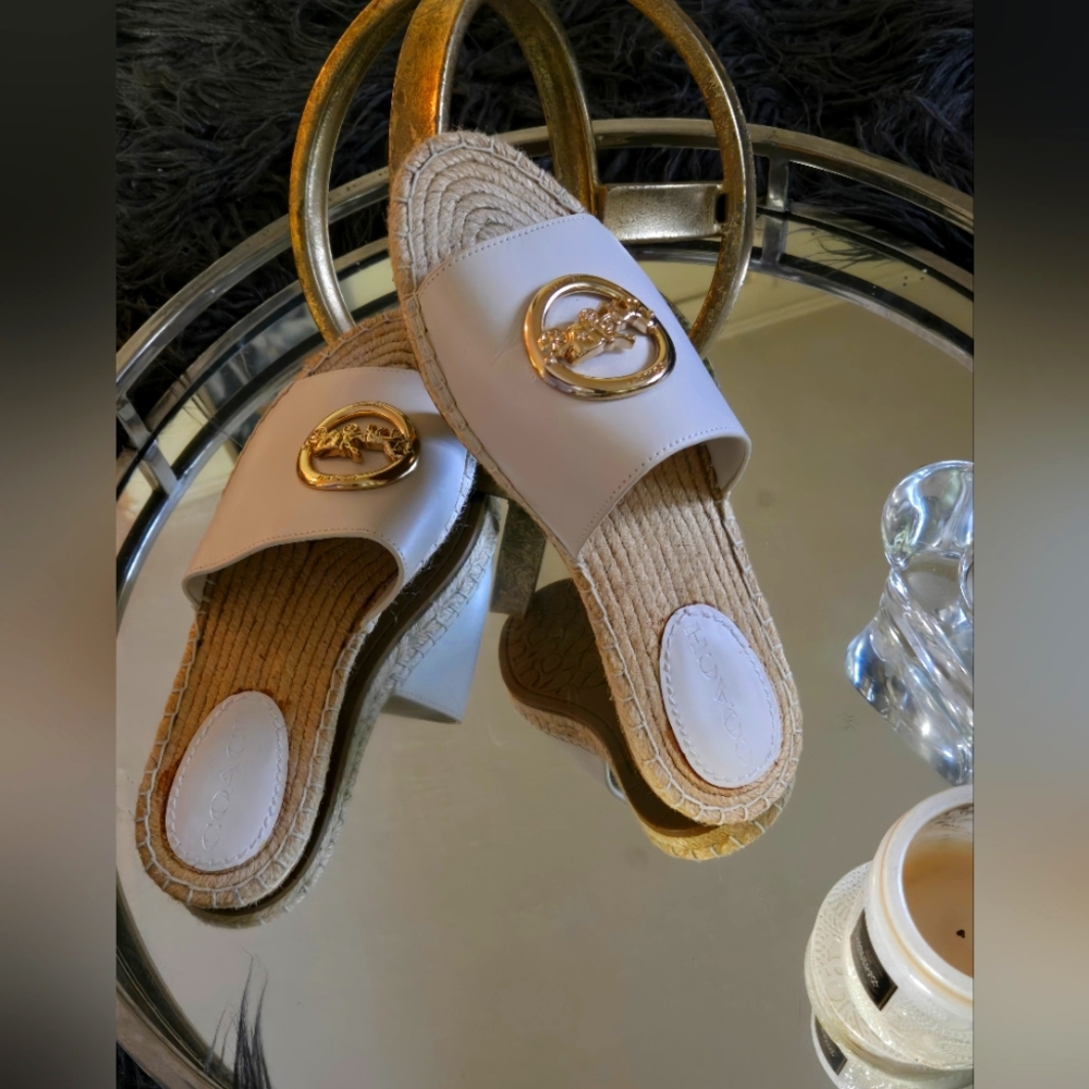 Coach Elegant Cream Slide Sandals with Gold Accent